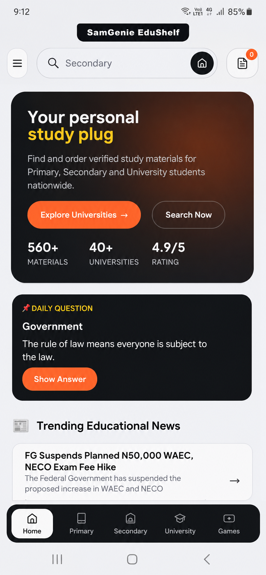SamGenie EduShelf Home Feed — Premium Screenshot