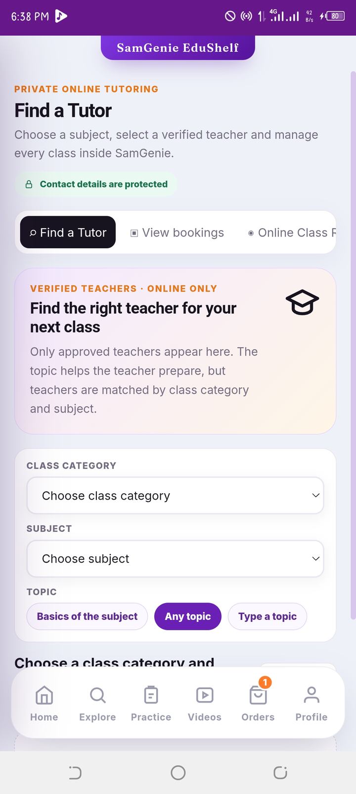 Find a Tutor screen in SamGenie EduShelf