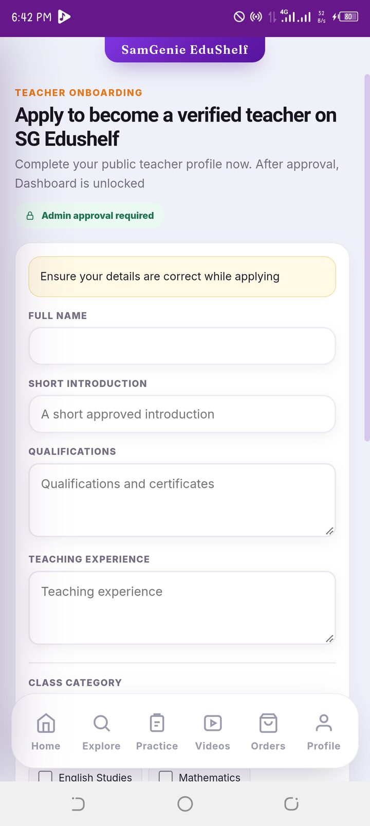 Verified teacher application screen