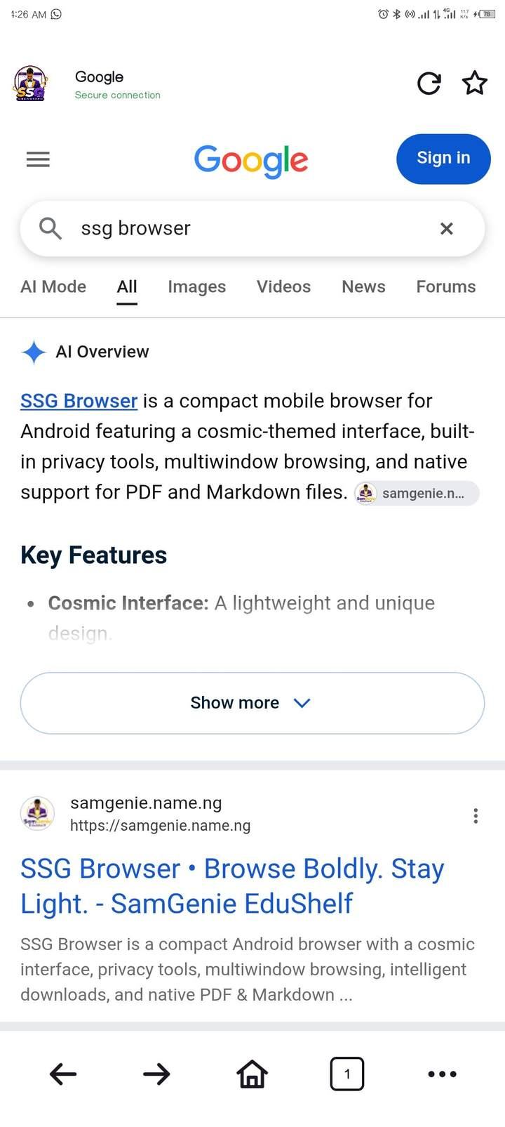 SSG Browser displaying search results