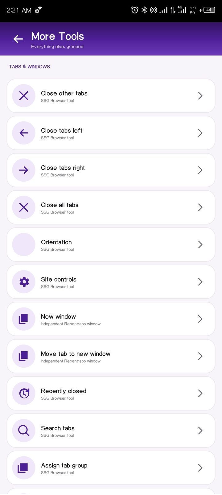 SSG Browser menu — tab and window tools